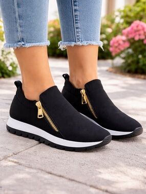 DKNY Black Knit Slip-On Sneakers with Gold Zipper